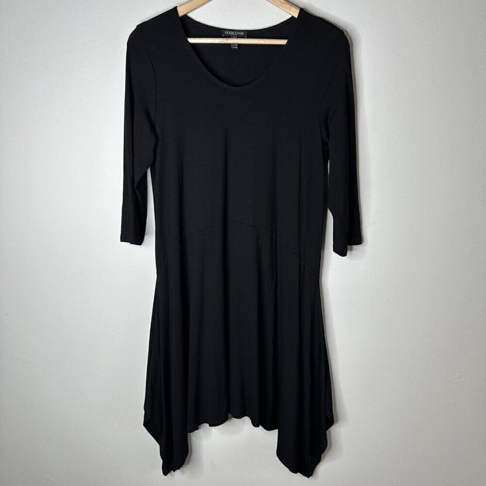 Eileen Fisher Womens Black Asymmetrical 3/4 Sleeve Midi Dress Sz PL/PG 14/16P